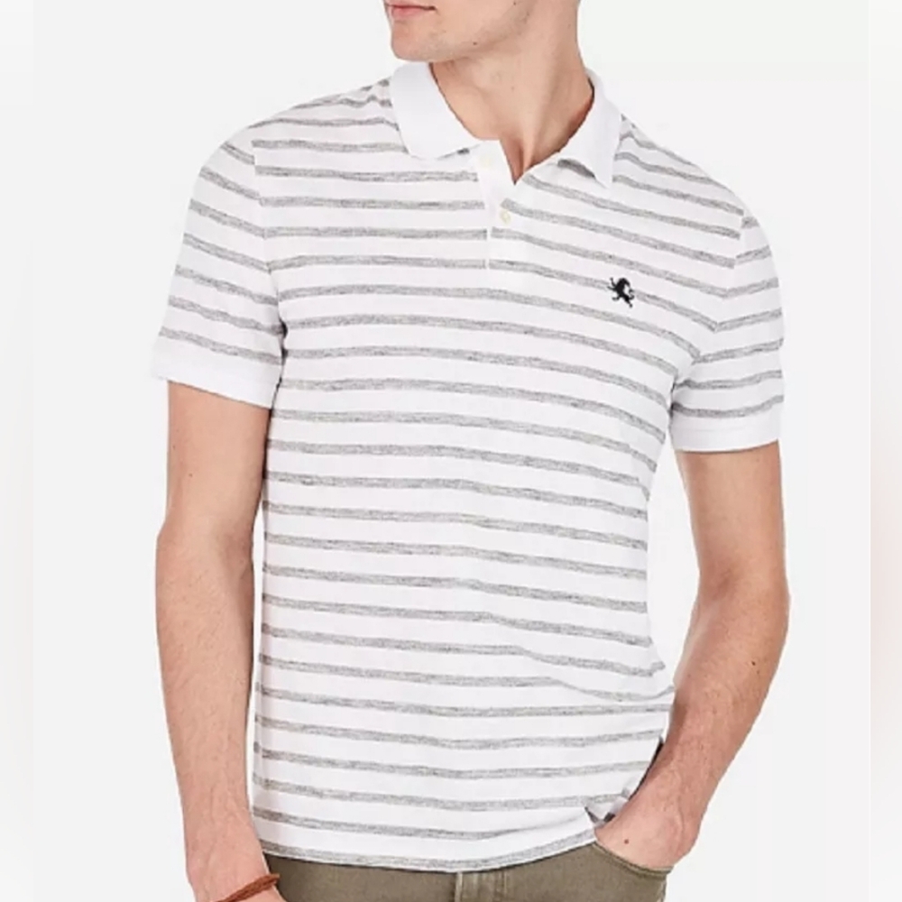 Express Men's White Striped Pique Short Sleeve Polo Shirt Size Large